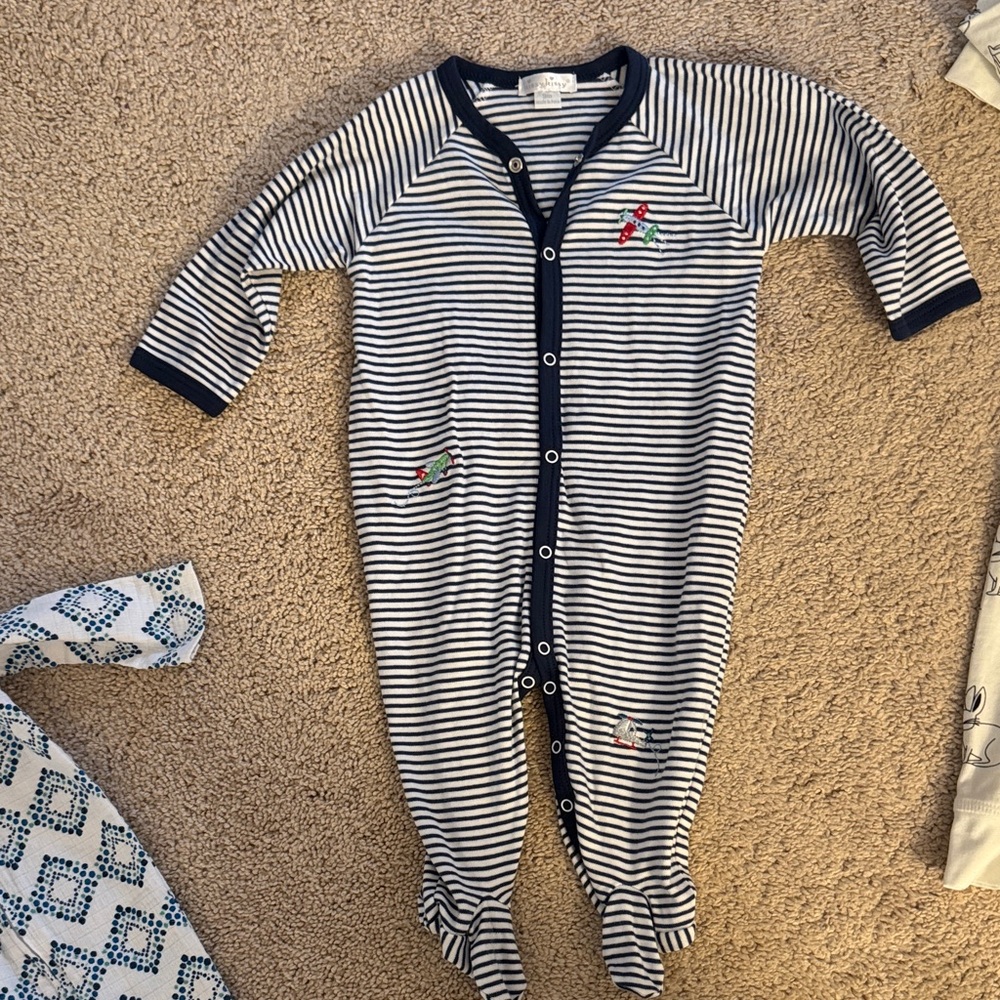 Kissy Kissy Navy and White Striped Footie